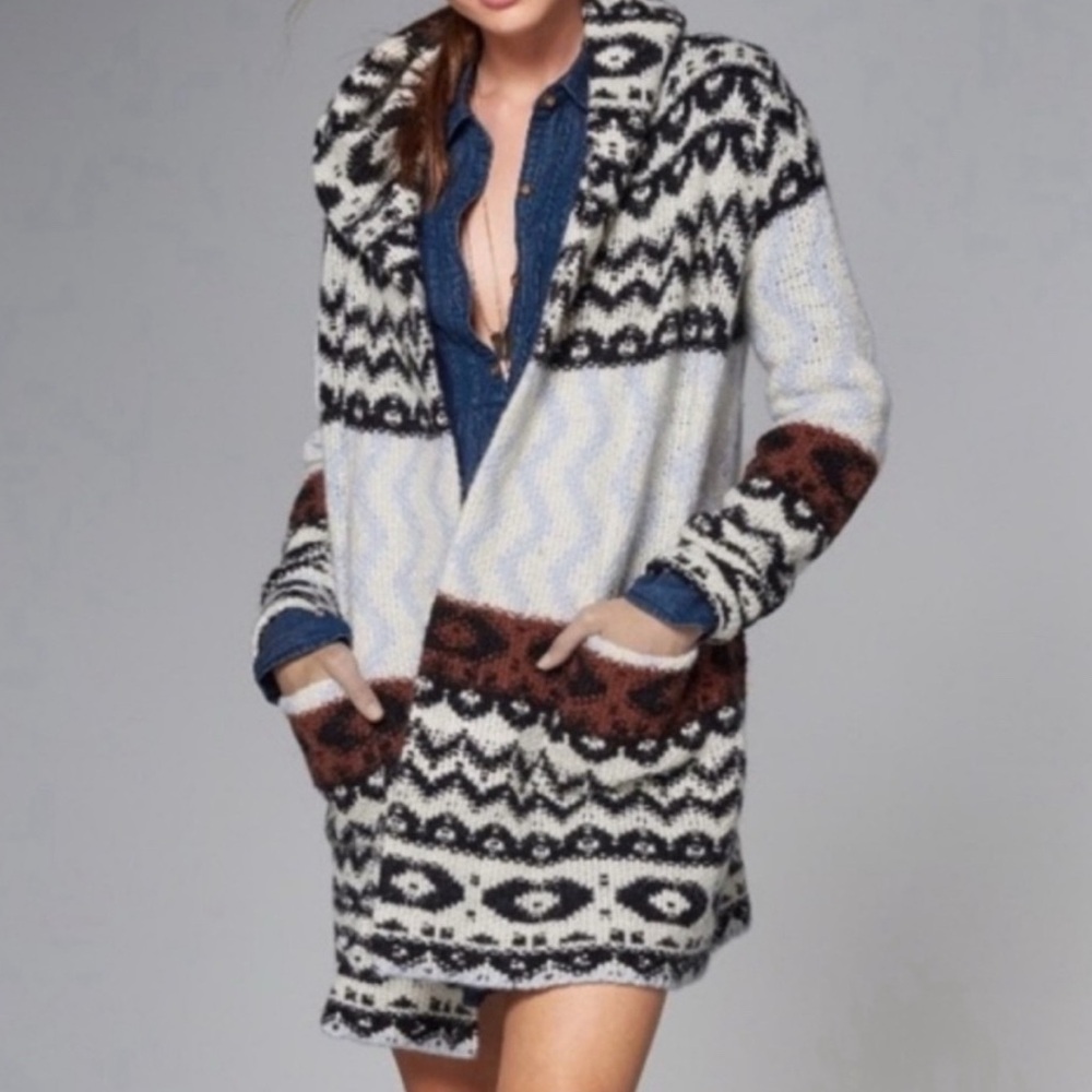 Abercrombie & Fitch Cardigan Hooded Open Front Aztec Print Knit Alpaca blend SzM